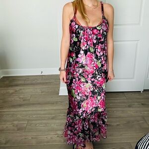 Elegant Floral Maxi Dress Chemises- Pink and Black